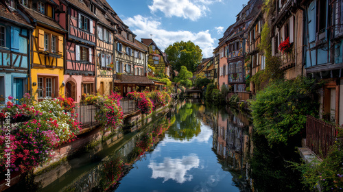 Fototapeta Naklejka Na Ścianę i Meble -  The historic streets of Colmarâ€™s Little Venice gleam with vividly decorated medieval facades, creating a storybook European scene