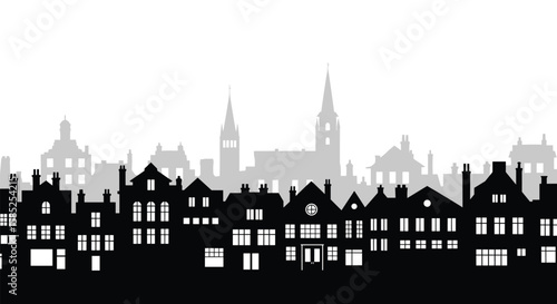 Historic european city rooftops with old architecture silhouettes under a bright sky