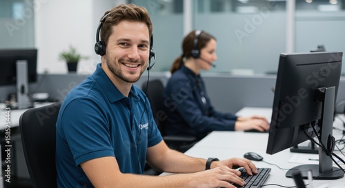 Smiling male customer service representative wearing a headset and blue polo shirt works at a computer with a colleague in the background