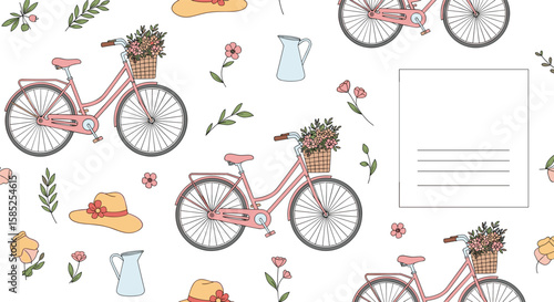 Charming pink bicycle pattern with summer floral accents and sun hats