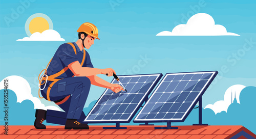 A worker in safety gear installs solar panels on a rooftop under the sun.