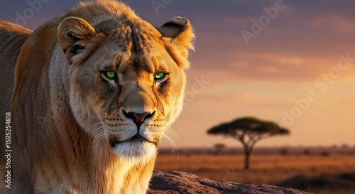 Lioness with striking green eyes in the African savannah at sunset
