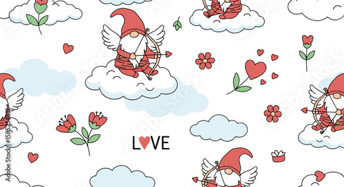 Whimsical valentine's day gnomes and roses scattered on clouds and hearts decorating the scene
