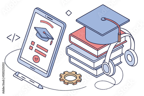 Illustration of online education with tablet, books, graduation cap and headphones concept art
