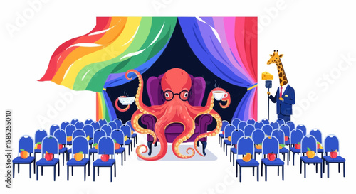 Wallpaper Mural Giant Octopus Drinking Tea at Absurd Conference – Bold Flat Vector Illustration with Empty Chairs and Talking Giraffe

 Torontodigital.ca
