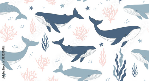 Charming ocean whales and coral under the sea life pattern