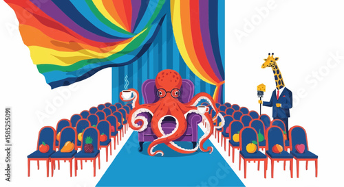 Giant Octopus Drinking Tea at Absurd Conference – Bold Flat Vector Illustration with Empty Chairs and Talking Giraffe

