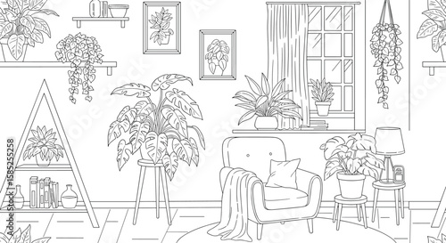 Botanical artful indoor garden collection with plants and shelves
