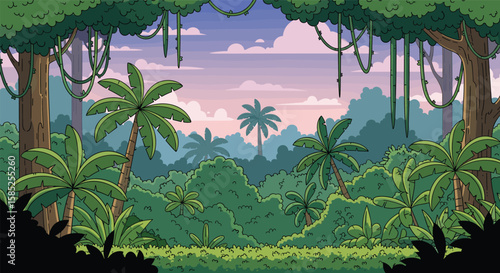 Vibrant tropical rainforest with lush green foliage and tall palm trees under a soft twilight sky