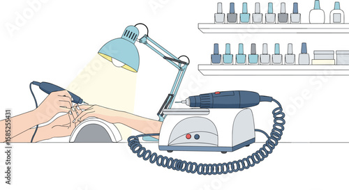 Professional nail care equipment and manicure procedure under bright lamp