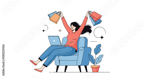 Excited woman shopping online with bags laptop and plants at home