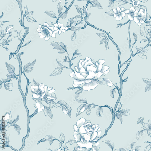 Floral Blue Chinoiserie. Toile De Jouy Vintage Seamless Pattern 06 Elegant Vector Graphics. Featuring delicate florals, graceful birds, and romantic motifs, this seamless pattern is crafted to perfect