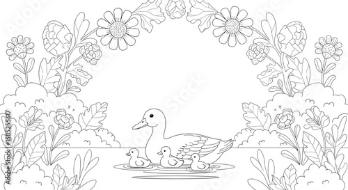 Charming waterfowl amongst flourishing floral decorations and lush greenery