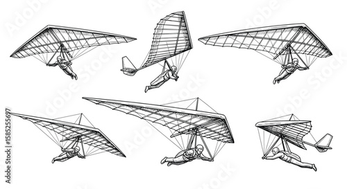 Six different illustrations of a trike aircraft flying and maneuvering