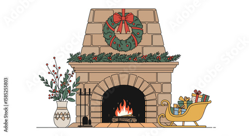 Cozy christmas fireplace scene with a sleigh and gifts