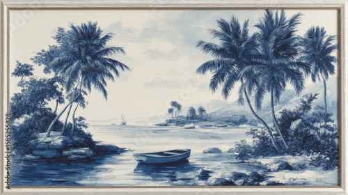Fototapeta Naklejka Na Ścianę i Meble -  This elegant collection of blue-and-white framed artwork features tropical scenes--palm trees, waves, boats--perfect for chic coastal decor