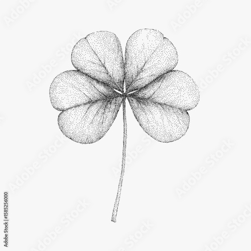 Four leaf clover. Retro stipple line art with photocopy distortion, gritty halftone dots and threshold shadows, nostalgic print look.