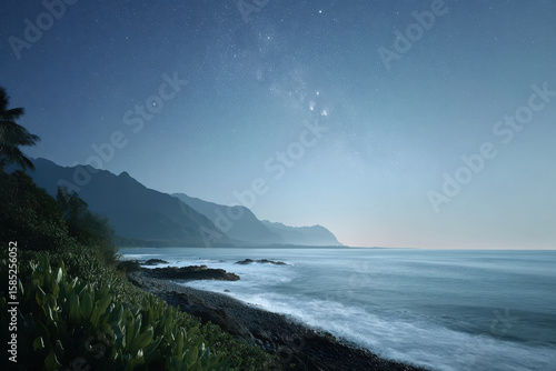 breathtaking view hawaiian vibe under starry night sky where vibrant colors of landscape reflect tranquility of