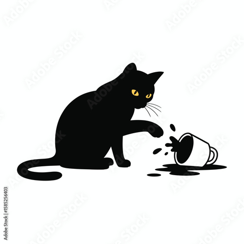 Mischievous black cat spills coffee cup illustration on white background