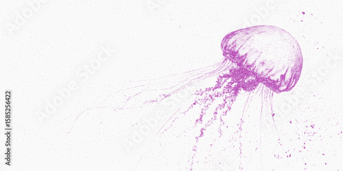 Purple jellyfish, detailed stipple pen drawing, halftone dot gradient, rough photocopy paper texture and threshold.