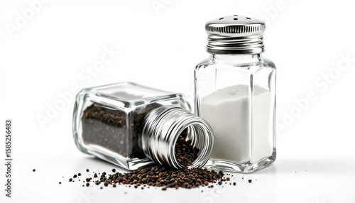 A close-up of two classic glass shakers, one filled with black pepper and the other with white salt