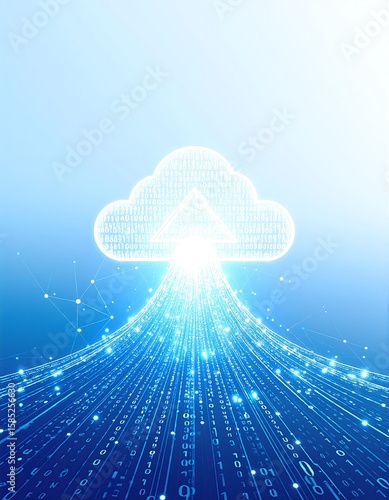 A visually striking cloud computing concept featuring a vibrant cloud filled with flowing binary code, symbolizing data transfer and digital innovation.