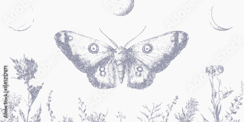Butterfly surrounded by flowers and a moon. Stipple design with halftone dots, gritty photocopy paper texture and threshold edges, lofi indie look.