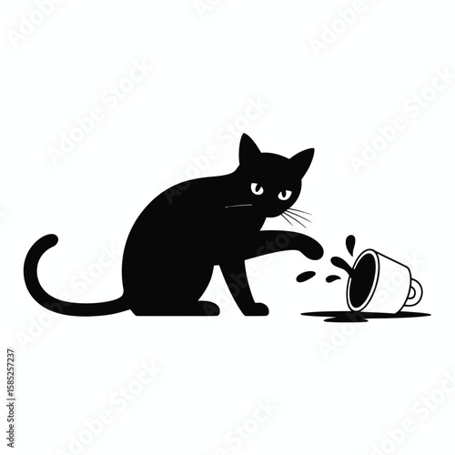 Mischievous Black Cat Spilling Coffee Cup Illustration on White Background