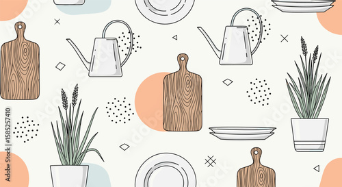 Whimsical kitchen garden illustration with watering cans and plants pattern design