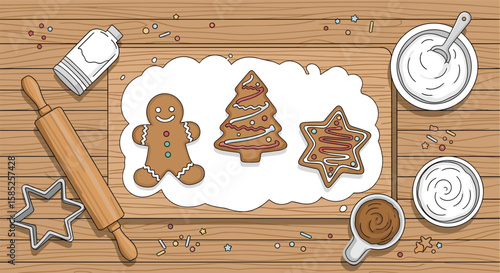 Traditional christmas cookie baking preparation and decoration on a wooden surface