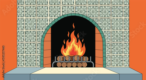 Cozy fireplace scene with warm glowing flames burning brightly on logs in a classic hearth
