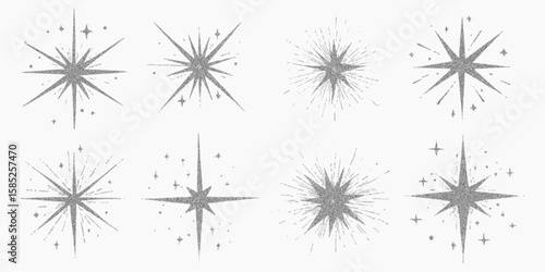 Set of stars with glitter. Vintage stippled drawing with halftone shading, photocopy grain and edgy threshold contrasts for nostalgic zine artwork.
