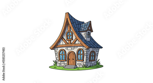 Charming cartoon cottage with stone walls and steep gable roof set on green grass illustration