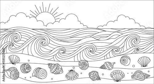 Ocean waves crash on the shore revealing ancient seashells and marine fossils on the sandy seabed under a bright sun