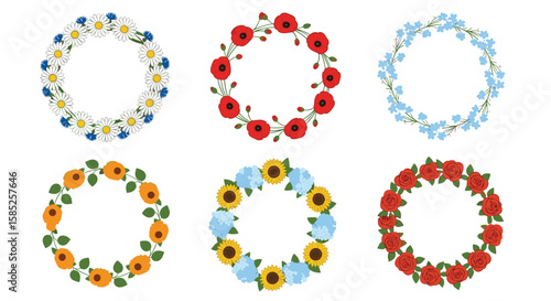 Six circular floral wreaths with different flower arrangements and colors for decorative purposes