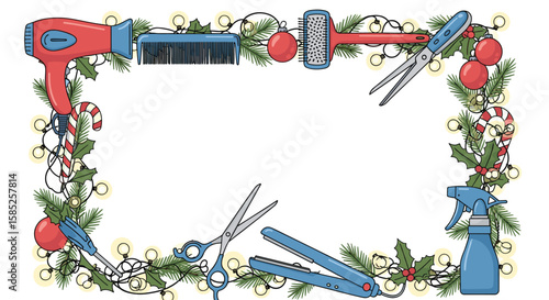 Holiday salon decor featuring styling tools and festive garland for festive hair styling and beauty