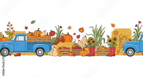Harvest festival blue trucks pumpkins hay bales autumn leaves and sunflowers border illustration