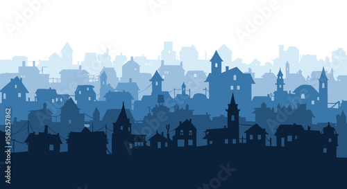 Captivating blue hues define the historic architecture of an old cityscape under a fading sky