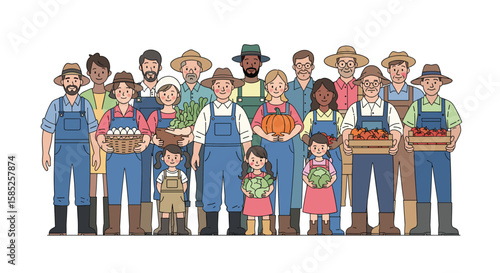 Diverse group of farmers and agricultural workers united in cultivating produce and sustaining rural communities