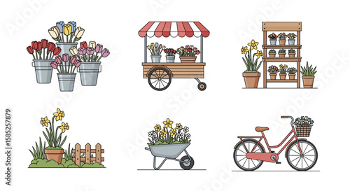 Charming garden and floral scenes with fresh flowers and outdoor decorations