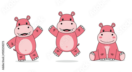 Three animated pink hippopotamuses enjoying recreational activities and playful moments together