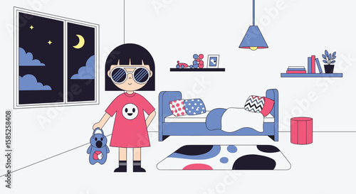 Adorable child ready for sleepover adventure in cozy bedroom nighttime fun