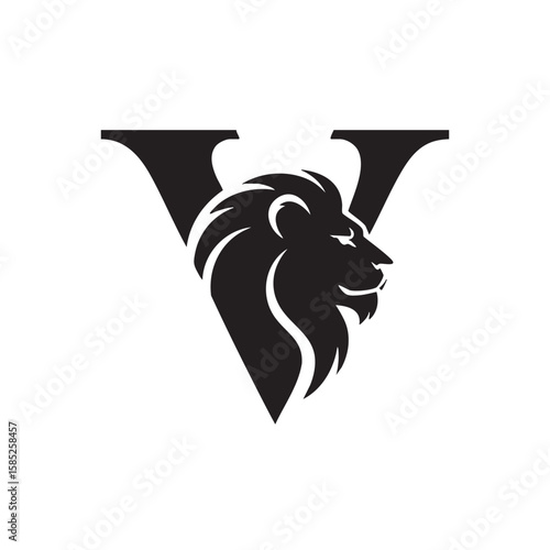 Black lion head within letter v profile mane
