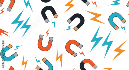 Colorful horseshoe magnets and lightning bolts pattern for science education and kids activities