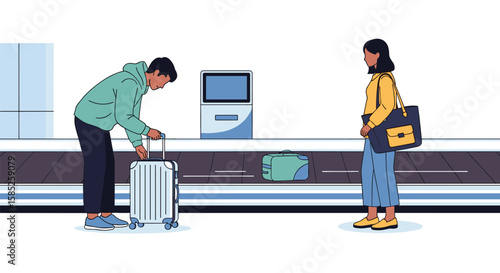 Travelers collect luggage from airport baggage claim carousel after flight journey