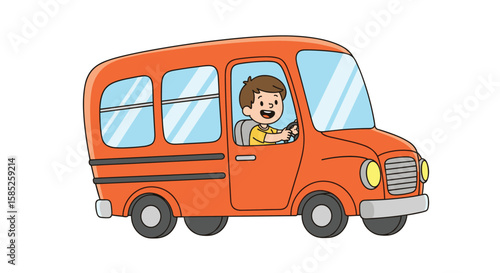 A happy young driver navigating the road in a bright orange school bus transporting students safely to their destination