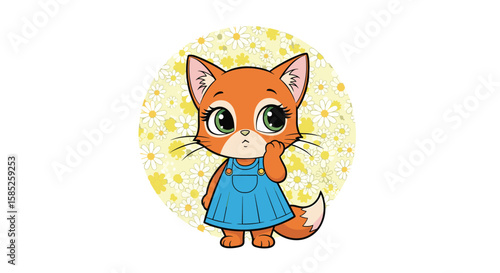 Cute little fox cub dressed in blue overalls in a whimsical yellow floral circle