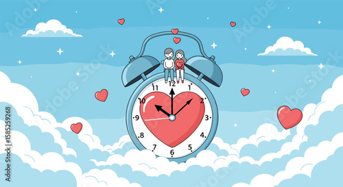 Couple atop a large alarm clock displaying a heart surrounded by clouds and hearts
