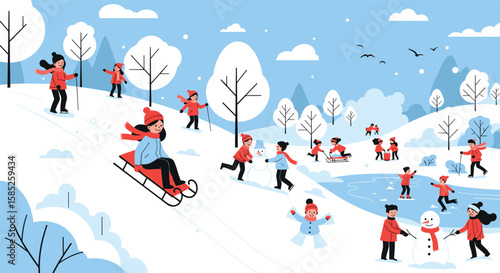Children enjoying winter snow activities sledding snowball fights and building snowmen