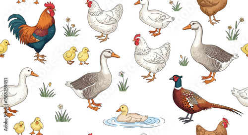 Charming farm animals rooster hens ducks geese pheasant cute poultry collection pattern